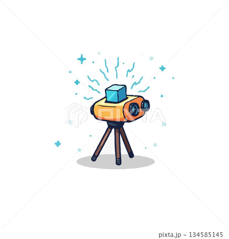 Whimsical illustration depicting a uniquely designed machine with magical cube emission against a Whimsical illustration depicting a uniquely designed machine with magical cube emission against a 134585145