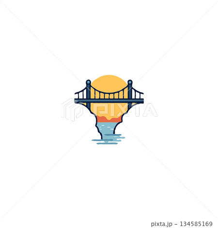 Minimalist stylized bridge silhouette atop a geological formation during sunset reflected in the Minimalist stylized bridge silhouette atop a geological formation during sunset reflected in the 134585169