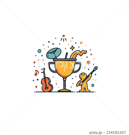 Celebratory music themed award design featuring a shiny trophy instrumentals and an enthusiastic 134585207