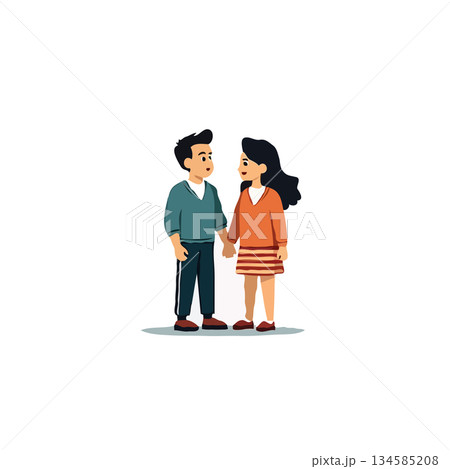 Young couple holds hands while looking at each other displaying affection and connection in Young couple holds hands while looking at each other displaying affection and connection in 134585208