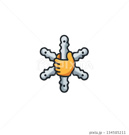 Illustration showcasing collaborative strength where a hand firmly grasps a multi pointed abstract 134585211