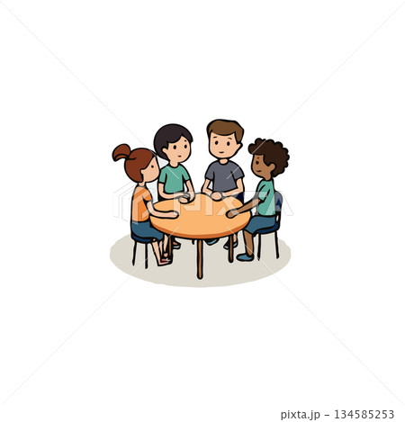 Illustration depicting a small diverse group of children engaged in a collaborative activity 134585253