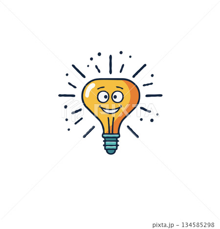 Whimsical lightbulb character shining brightly with radiating lines showcasing innovation and Whimsical lightbulb character shining brightly with radiating lines showcasing innovation and 134585298