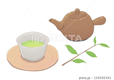 急須と湯呑みに注がれた緑茶と茶葉のイラスト 134585341