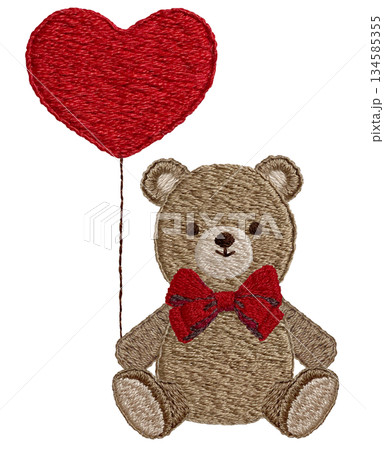 【ハートの風船とテディベア】手刺繍イラスト素材 134585355