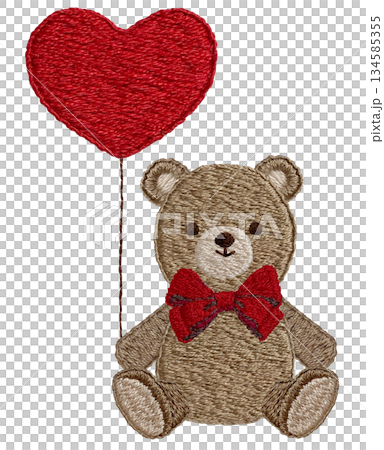 【ハートの風船とテディベア】手刺繍イラスト素材 134585355