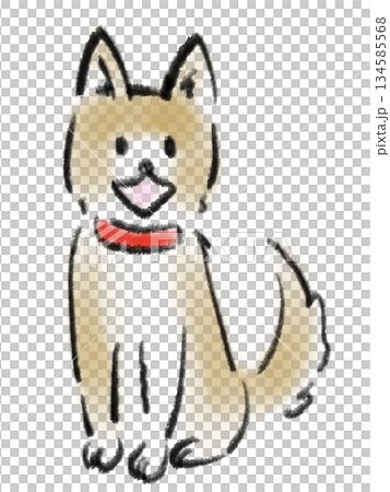 Illustration of a smiling dog wearing a red collar sitting 134585568