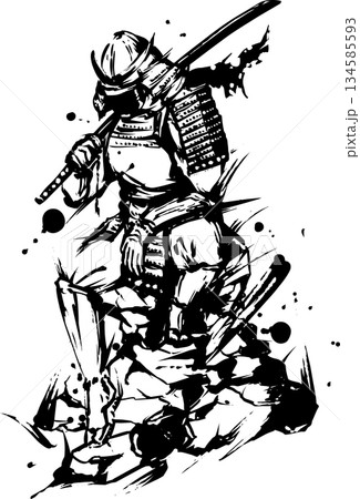 岩に座る侍の墨絵イラスト 134585593