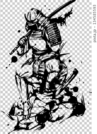 岩に座る侍の墨絵イラスト 134585593