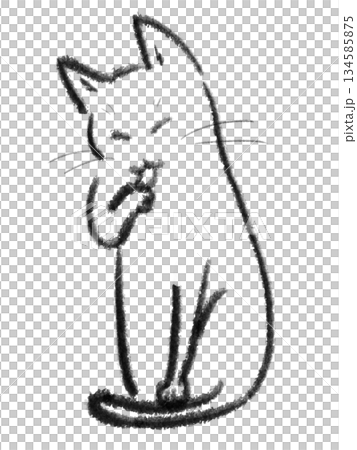Illustration of a white cat sitting and grooming itself 134585875