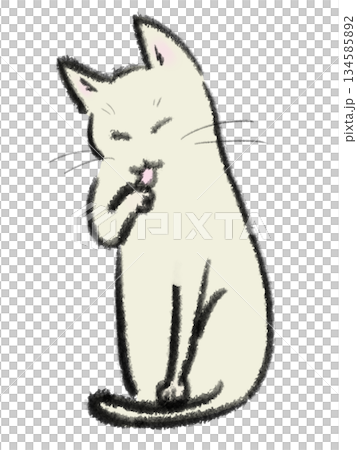 Illustration of a white cat sitting and grooming itself 134585892