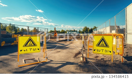 Warning sign on a construction site. 134586415
