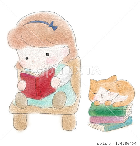 本を読む女の子とくつろぐ猫 本を読む女の子とくつろぐ猫 134586454