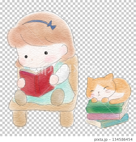 本を読む女の子とくつろぐ猫 本を読む女の子とくつろぐ猫 134586454
