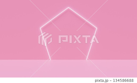 五角形のLEDフレームが光るピンクのステージ背景素材。奥行のあるスタジオの部屋のCGイラスト 134586688