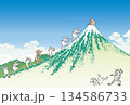 葛飾北斎イメージの富士山に登山する動物 134586733