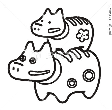 かわいい赤べこ親子の線画イラスト 134586789