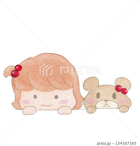 ひょっこりと顔をだす女の子とくま 134587165