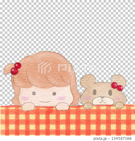 ひょっこりと顔をだす女の子とくま(柄あり) 134587166