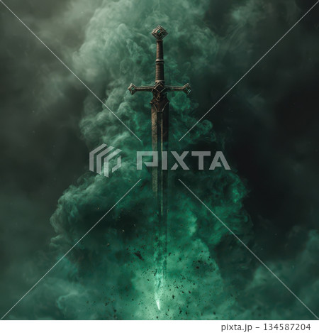 Mystical sword emerging from swirling green mist in an enchanted realm 134587204