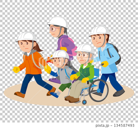 家族車椅子災害避難01 134587493