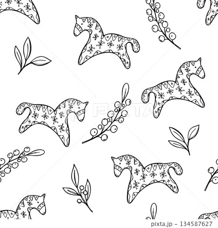 Traditional painted wooden Dala horses among berry branches vector seamless isolated pattern. Monochrome folk art design with Scandinavian symbol illustration. For festive holiday decorations. Traditional painted wooden Dala horses among berry branches vector seamless isolated pattern. Monochrome folk art design with Scandinavian symbol illustration. For festive holiday decorations. 134587627