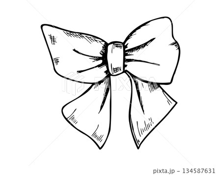 Wide satin ribbon tied into delicate bow vector isolated illustration. Hair element line art black ink sketch. Hand drawn coquette silk tape for romantic design, packaging, wedding invitations Wide satin ribbon tied into delicate bow vector isolated illustration. Hair element line art black ink sketch. Hand drawn coquette silk tape for romantic design, packaging, wedding invitations 134587631