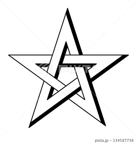 Interlaced pentagram, left-handed version of a five-pointed star with shadow effect. Sometimes known as pentalpha, pentangle, or star pentagon. From Greek word pentagrammon, meaning five lines. Vector 134587738