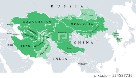 Inner Asia, political map, historical region highlighted in green, and sometimes included regions in lighter green. Spanning North, Central, and East Asia, including parts of China and Siberia. Vector 134587739