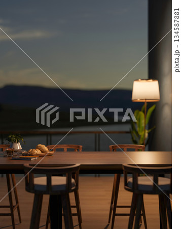 Coffee with bread and book on wooden dining table and chair across balcony in dim cafe or restaurant 134587881