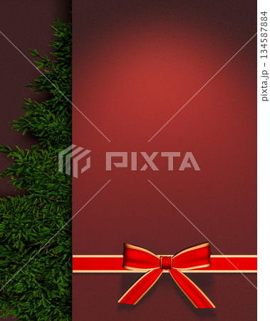 Red and golden bow ribbon tying around the wall aside green pine tree Christmas xmas card template. 134587884