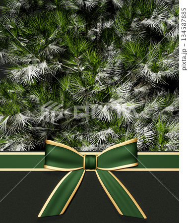 Green and golden bow ribbon on dark color strip below snowy pine tree Christmas xmas card template. 134587885