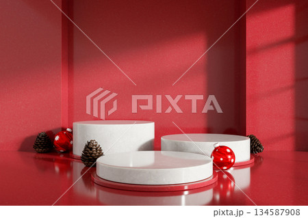 Empty white round marble display platforms with Christmas ornaments and pinecones in red background. Empty white round marble display platforms with Christmas ornaments and pinecones in red background. 134587908