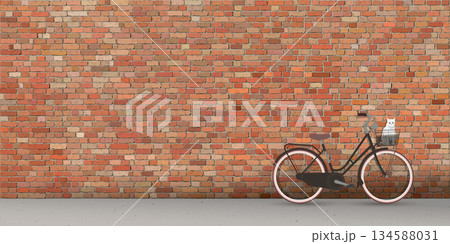 A bicycle leaning against an old brick wall on the sidewalk have a cat in basket graphic illustration have blank space. 134588031