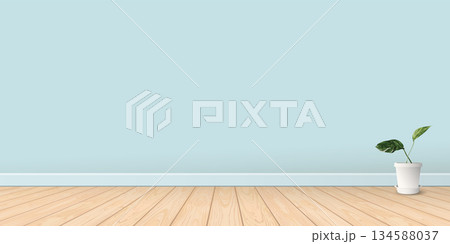 Empty room with light blue wall and whitewashed wooden floor graphic illustration. 134588037