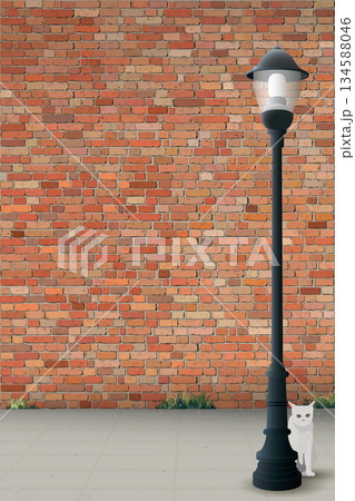 Old red brick wall vertical background with the sidewalk and lighting pole have a cat behind graphic illustration. Old red brick wall vertical background with the sidewalk and lighting pole have a cat behind graphic illustration. 134588046
