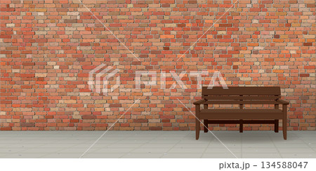 Old red brick wall background with a bench on sidewalk graphic illustration have blank space. Old red brick wall background with a bench on sidewalk graphic illustration have blank space. 134588047