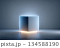 Minimalist office desk with a single glowing cube in serene environment 134588190