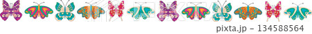 Groovy funky retro butterfly border pattern. Colorful nature motif combines y2k style and artistic graphic look. Funky border is perfect for vibrant, playful vintage summer or spring 134588564