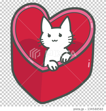 Valentine's Day illustration of a cute cat peeking out of a heart-shaped chocolate box Valentine's Day illustration of a cute cat peeking out of a heart-shaped chocolate box 134588583