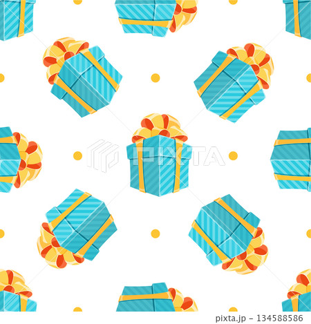 Cartoon birthday gift box seamless pattern. Present with ribbon and bow in repetitive background. Perfect for celebratory events and surprise package themes, featuring playful festive designs. 134588586