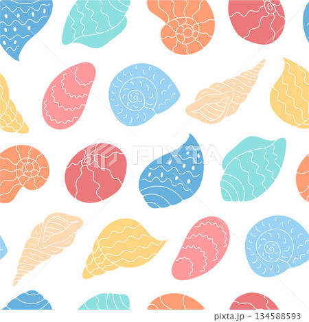 Seamless pattern of marine shells in flat style. Seashells and aquatic elements in cartoon design create an underwater and ocean summer background. Perfect for marine projects. Seamless pattern of marine shells in flat style. Seashells and aquatic elements in cartoon design create an underwater and ocean summer background. Perfect for marine projects. 134588593