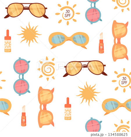 Flat seamless sunscreen bottle sunglasses background, spf sun and sunblock, cosmetic lotion cream repeat pattern. Seamless pattern for summer skincare, body care, fabric, wallpaper, or cosmetic 134588625