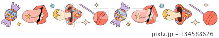 Groovy retro cartoon border elements with colorful candy and funky lips create a seamless pop effect pattern. Vibrant y2k inspired pattern gives a playful border with bold character and fun style for 134588626