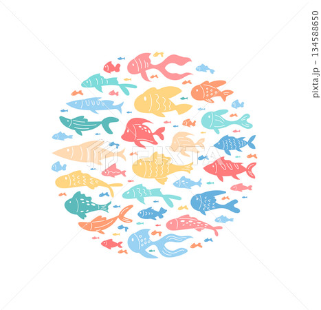 Round marine cartoon design with colorful fish in circle pattern. School of aquatic creatures in ocean life theme. Underwater sea concept with doodle style for creative backgrounds. 134588650