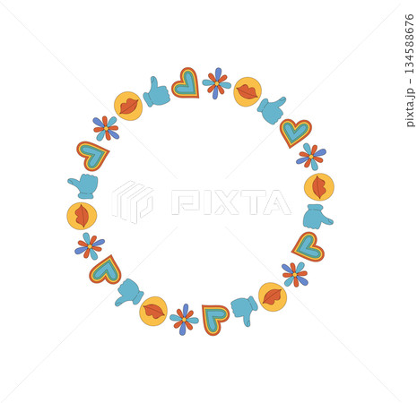 Groovy retro circle border frame with heart, emoji and flower shapes pattern. Colorful graphic elements bring a y2k pop vibe for modern, playful projects seeking a fun vintage look. 134588676