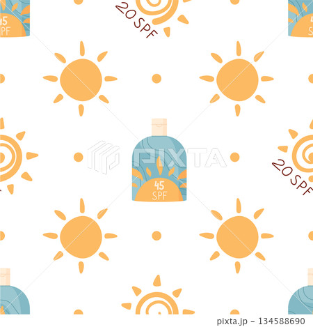 Flat sunscreen bottle, sun, seamless pattern. Spf bottle, sunblock, cream, logo in repeat structure. Lotion pattern for protection, summer care, skin cosmetic motif, seamless background. Flat sunscreen bottle, sun, seamless pattern. Spf bottle, sunblock, cream, logo in repeat structure. Lotion pattern for protection, summer care, skin cosmetic motif, seamless background. 134588690