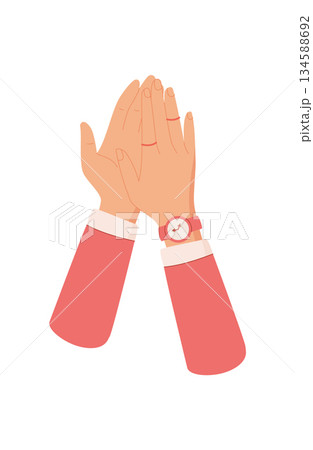 Flat colorful clapping hands gesture. Raised hands in a cheerful clap represent recognition, solidarity, and teamwork. Support and community values blend in a simple cartoon graphic style. Perfect 134588692
