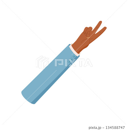 Flat hand gesture showing number two. Black hand with two fingers, signal 2 for counting or math. Isolated design with clothed arm and sleeve, professional graphic icon for education. 134588747