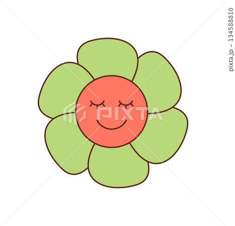Groovy retro flower with happy face in cute cartoon graphic style. Colorful smile and floral character add a playful and positive mood. This groovy element brings trendy y2k charm, cheerful fun Groovy retro flower with happy face in cute cartoon graphic style. Colorful smile and floral character add a playful and positive mood. This groovy element brings trendy y2k charm, cheerful fun 134588810